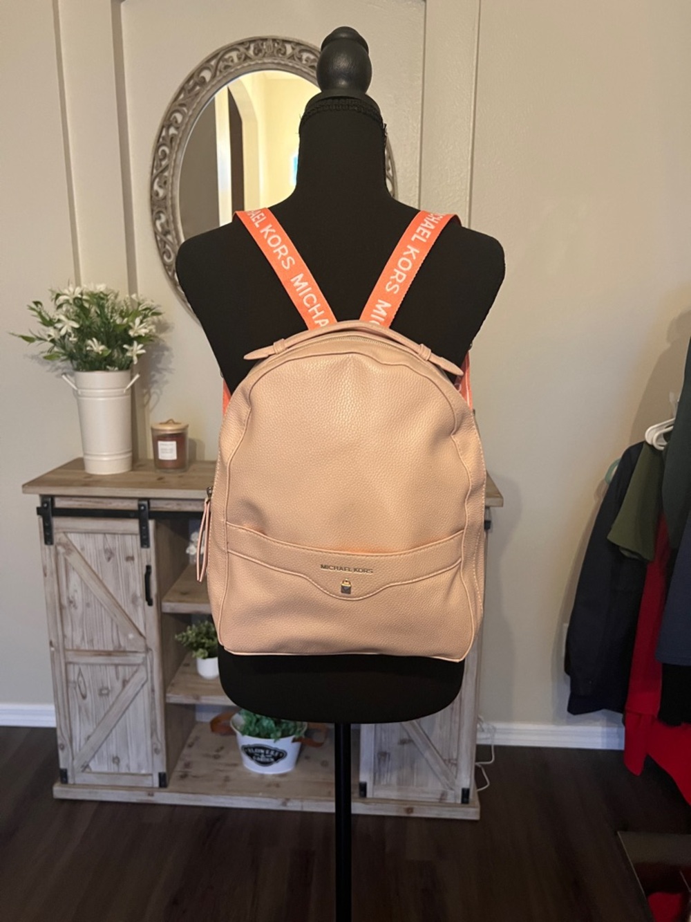 Michael Kors Tan Leather Backpack with Coral Logo Straps